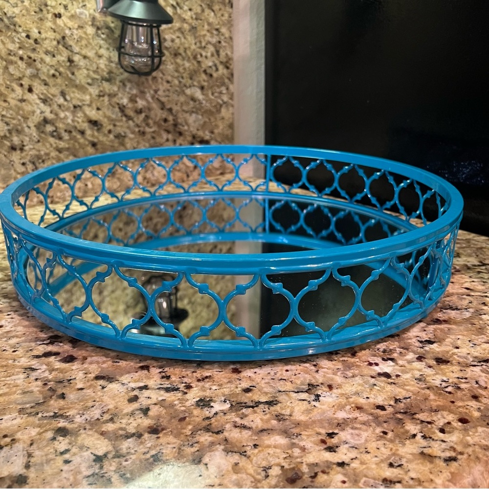 Teal Metal Tray with Mirror